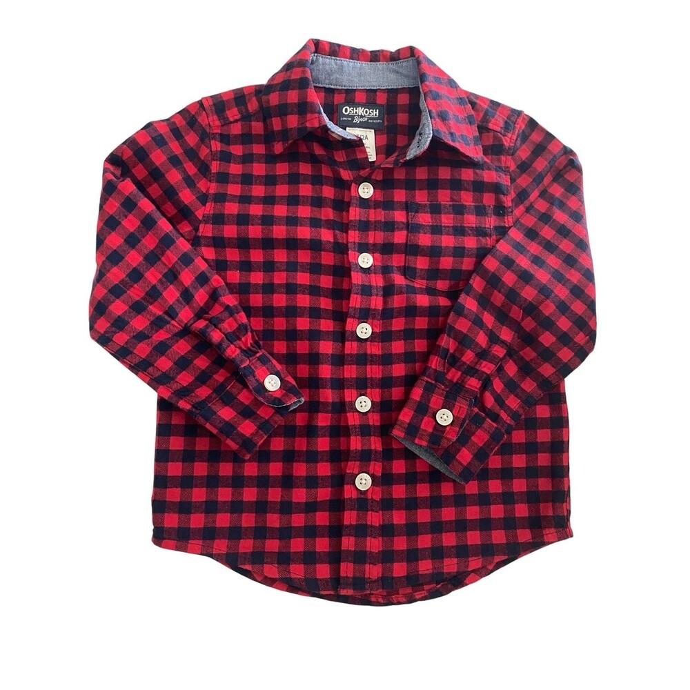 OshKosh B'gosh Shirt Boys 2T Red Plaid Flannel Button Front Long Sleeve Pocket